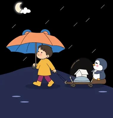 Boy in a yellow raincoat holding an umbrella beside a penguin pushing a glass pram