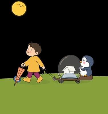 Boy in a raincoat walking on a green field with a penguin and a glass pram