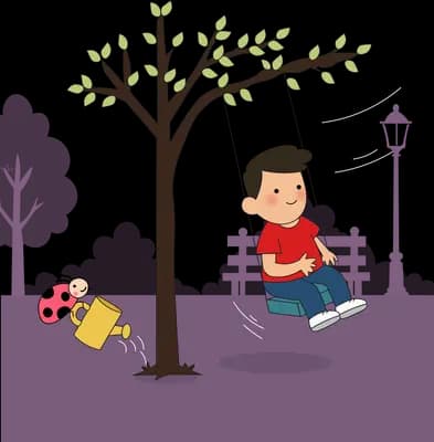 Boy on a park swing beneath a leafy tree with a ladybug holding a watering can