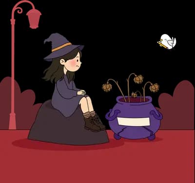 Woman in a black hat on a rock with a purple plant pot as a white bird flies past