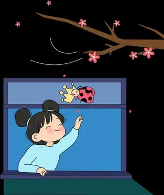 Girl catching a ladybug as she leans out of a laptop screen