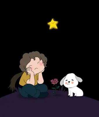 Girl and her white dog on a dark hill under a yellow star dangling on a string