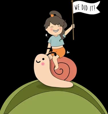 Girl waving a flag while riding a giant snail up a green hill
