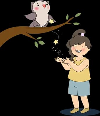 Boy looking up at an owl perched on a bare branch