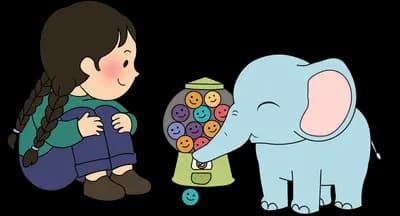 Girl with a backpack sitting beside a small elephant holding a toy