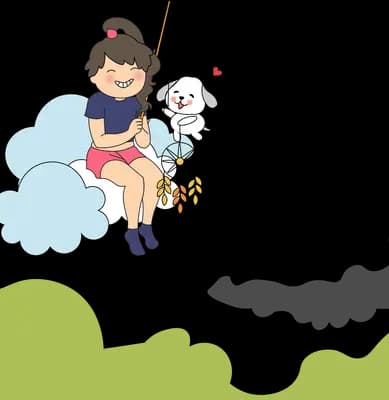 Girl fishing from a cloud with dogs above rolling green hills
