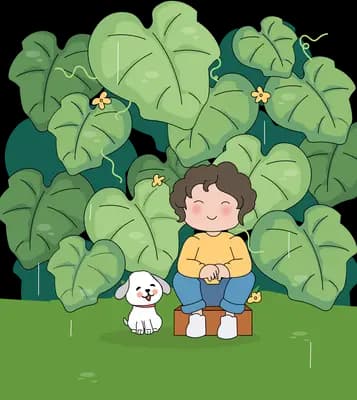 Children and a dog sitting under a canopy of large green leaves