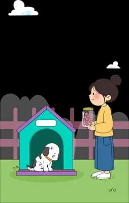 Girl looking startled beside a kennel with a dog inside