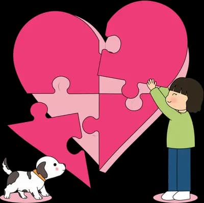 Children fitting puzzle pieces into a big pink heart while a dog watches