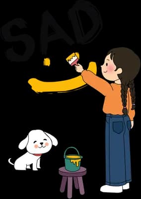 Girl lifting a yellow crescent shape while a white dog waits by a stool