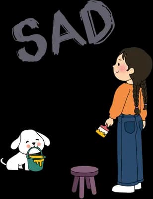 Girl standing beside a stool and a white dog under a dark shape