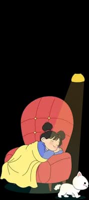 Girl in yellow curled against a red shell chair with a rabbit under a hanging lamp