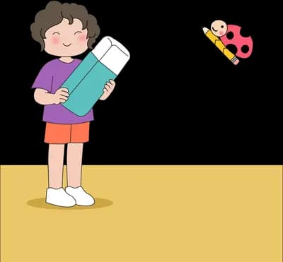 Boy hugging a giant teal pencil on a yellow banner block while a ladybug flies past