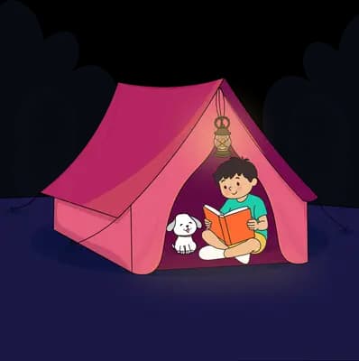 Child reading a book by fairy lights inside a bright pink tent with a white puppy