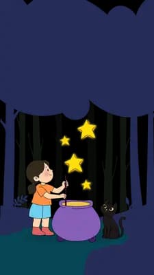 Burst of golden stars pouring from a purple cauldron beside a delighted girl and a black cat
