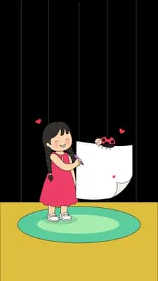 Girl holding a red rose and a letter with little hearts floating and a ladybug nearby