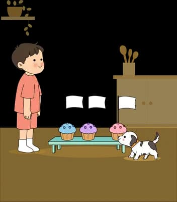 Masked boy watching a puppy trot past his bench of cupcakes and blank signs