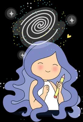 Woman with long lavender hair kneeling to cradle a small white cat under a glow of sparkles