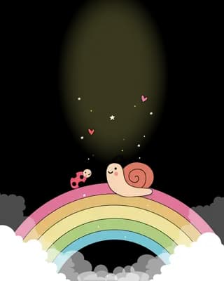 Baby lying on top of a pastel rainbow beside a ladybug under a beam of light