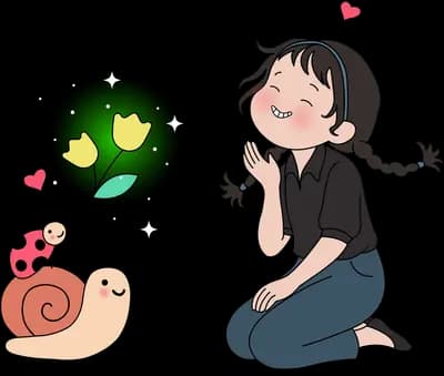 Girl kneeling and laughing beside a snail carrying a ladybug that holds a dark orb of glowing yellow tulips