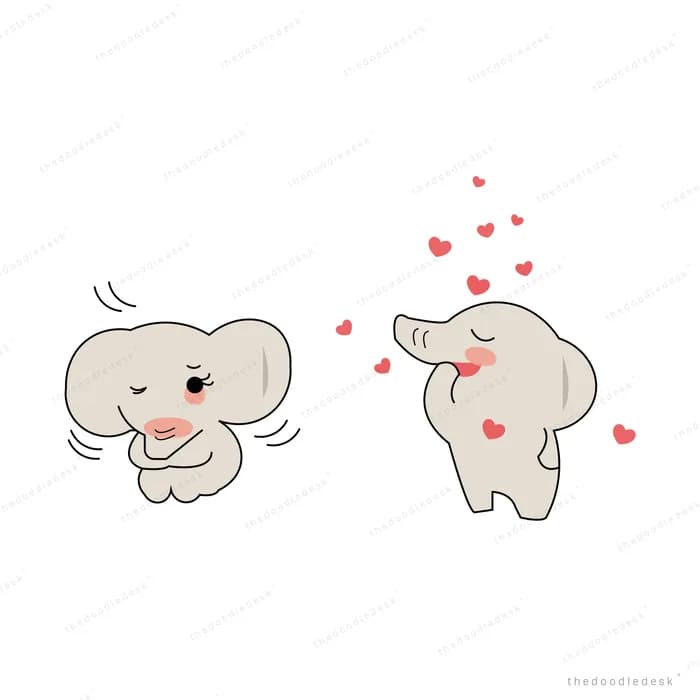 Two baby elephants reaching toward each other with floating hearts