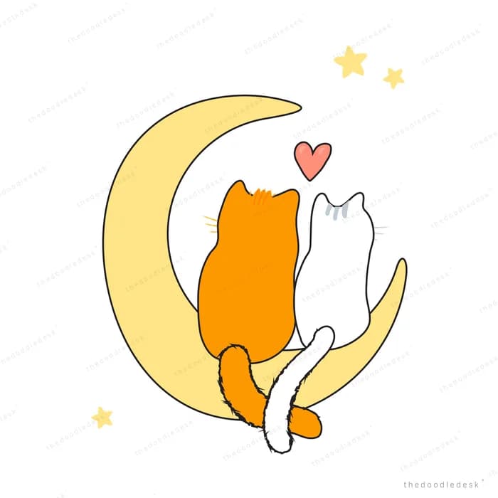 Two cats resting on a crescent moon under stars