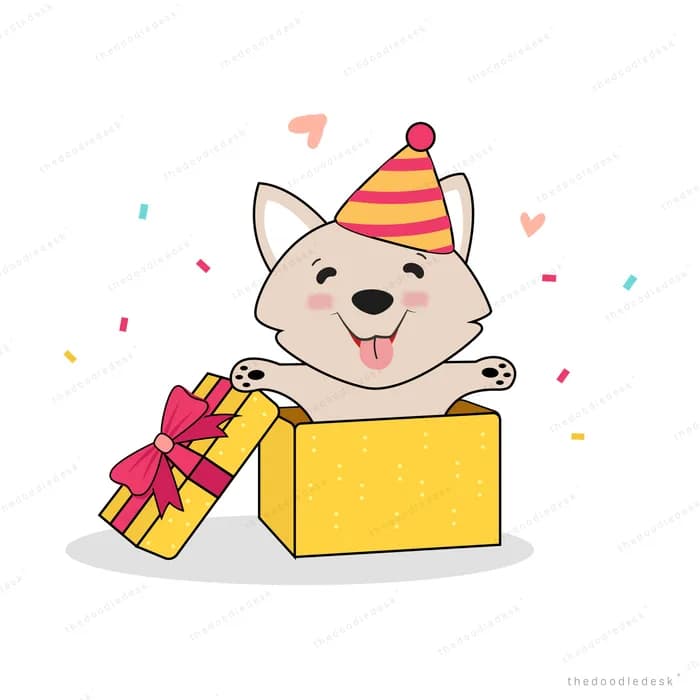 Dog in a party hat popping out of a gift box with confetti