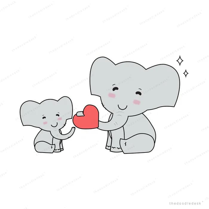 Adult and baby elephant passing a red heart between them