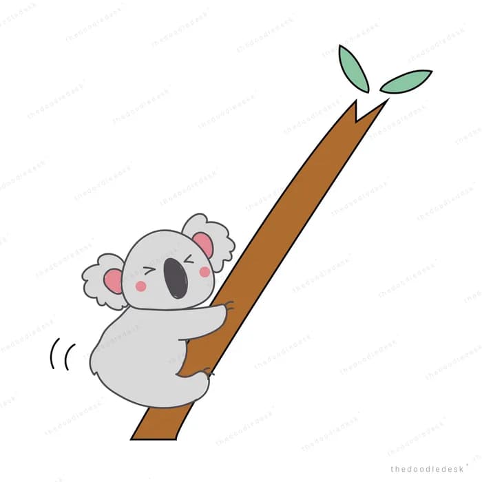 Koala clinging to a diagonal branch with sprouting leaves