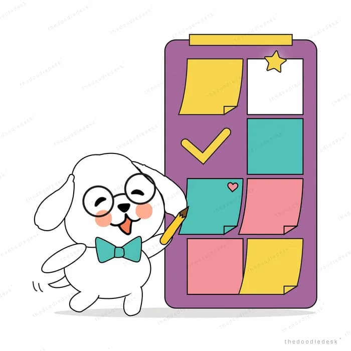 Dog in a bow tie beside a tall colorful checklist board