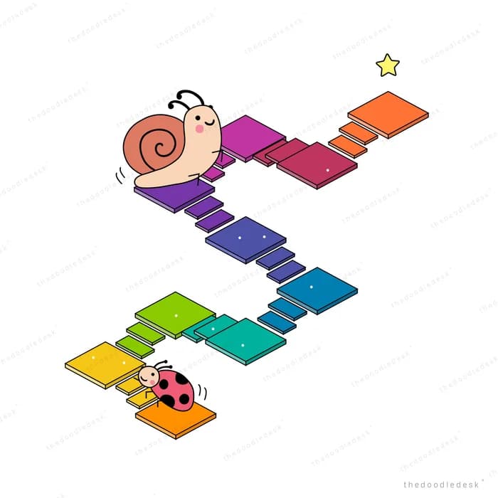 Snail climbing a rainbow staircase toward a star