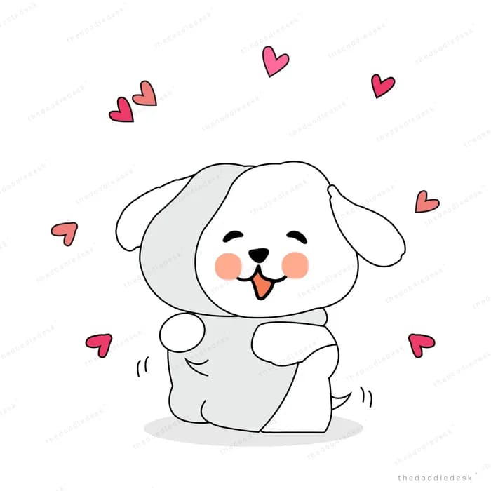 White puppy sitting surrounded by small hearts