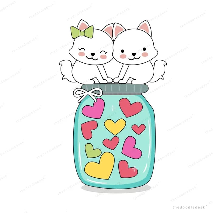 Two cats peeking out of a jar filled with hearts