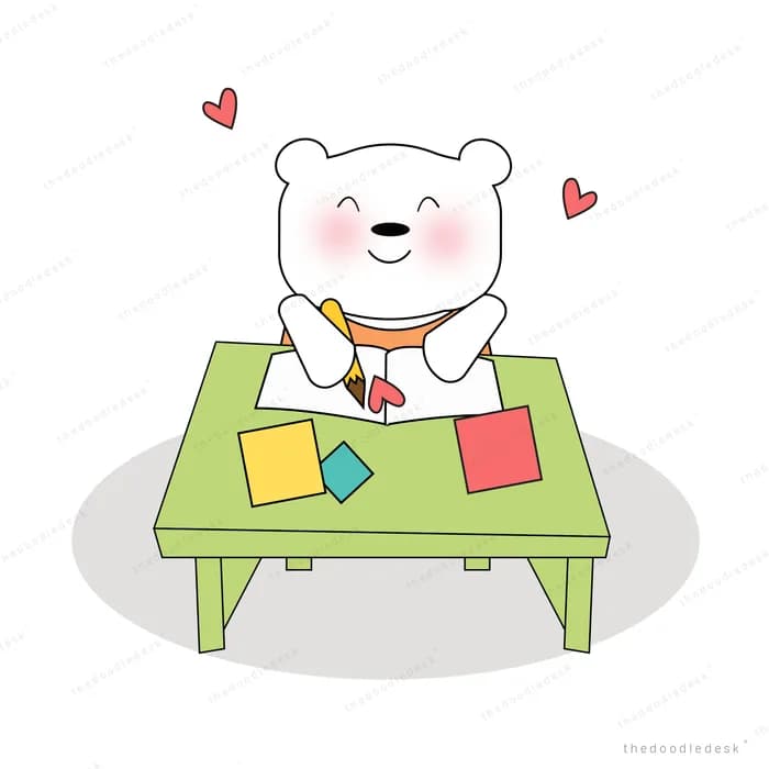 Bear at a green table sorting colored papers