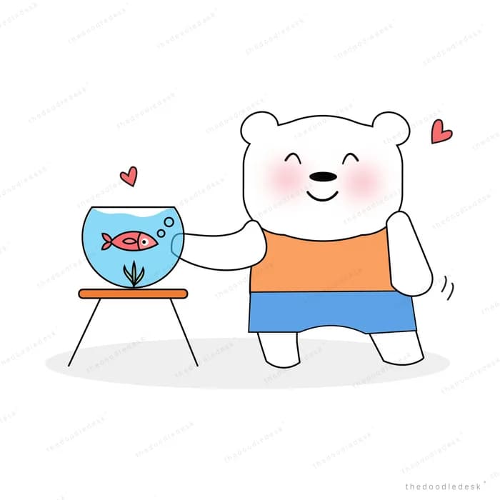 Bear sitting at a desk beside a fish bowl