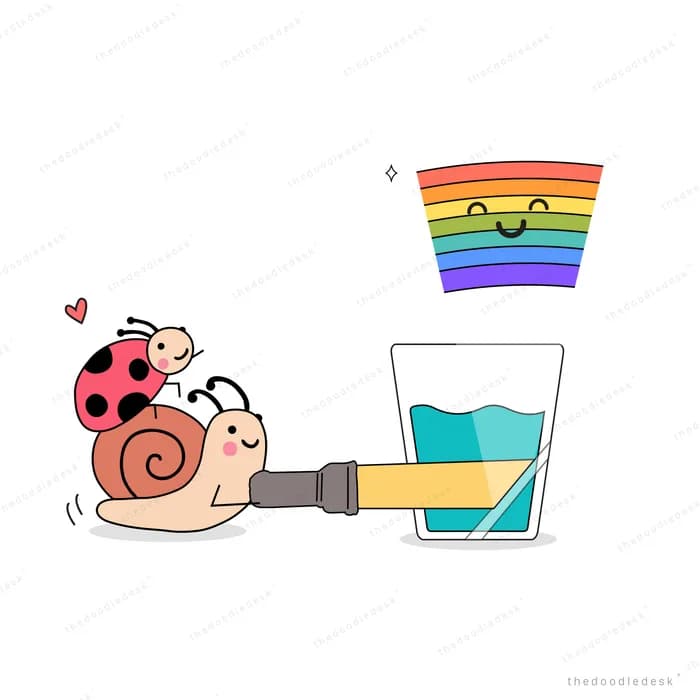 Snail beside a rainbow cup and a glass of water