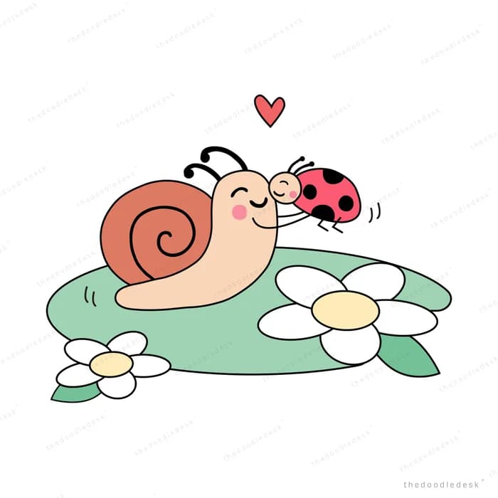 Snail and ladybug resting on a green leaf