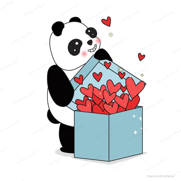 Panda hugging a gift box overflowing with red flowers