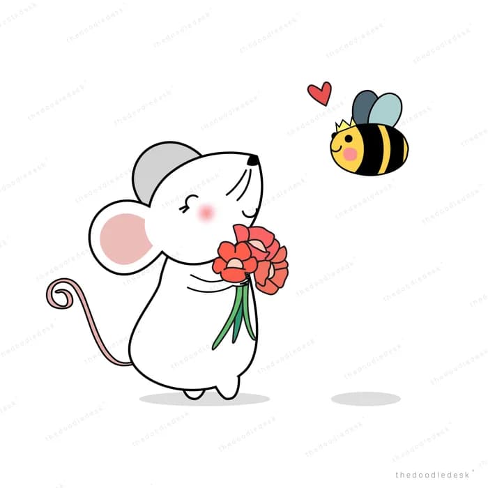 Mouse holding a flower while a bee hovers nearby