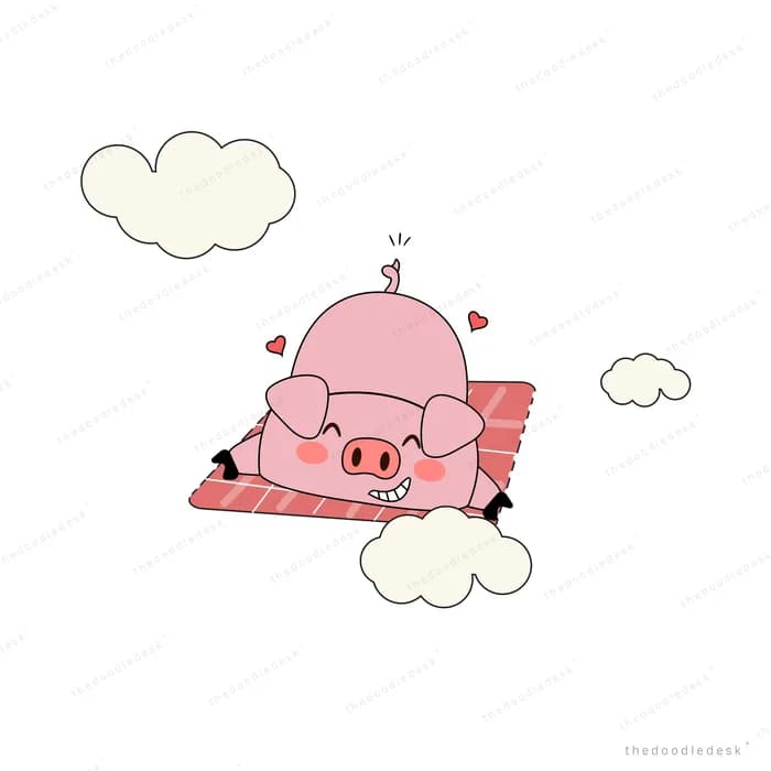 Pink pig in a scarf lying on a cloud