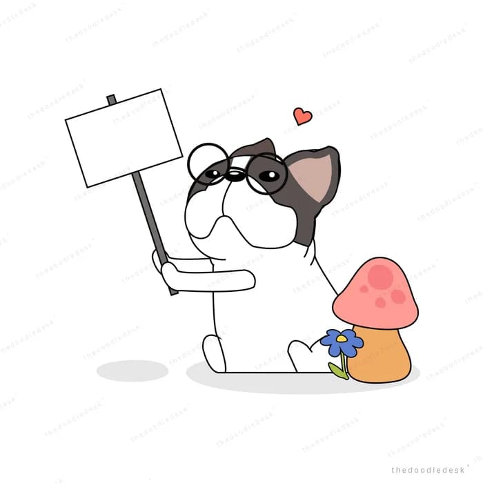 Dog holding up a small blank sign with hearts