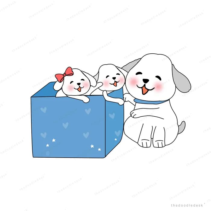 Puppies peeking out of a blue gift box