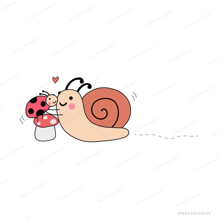 Snail with a ladybug and a small mushroom on its trail