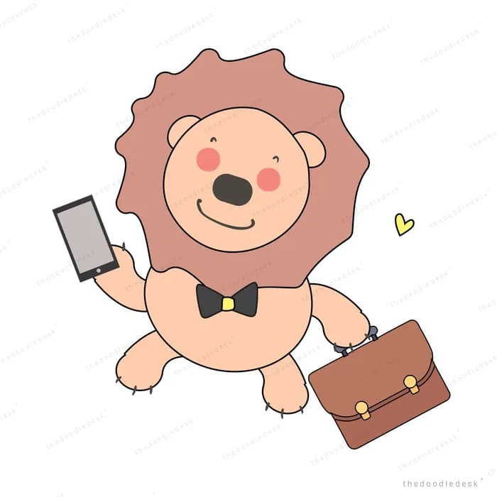 Lion in a tie holding a briefcase and phone