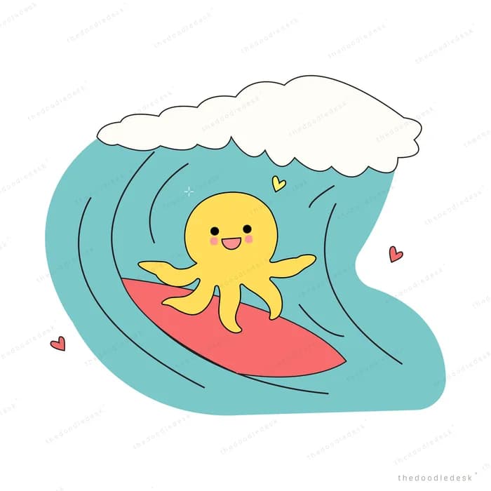 Yellow octopus surfing a curling wave