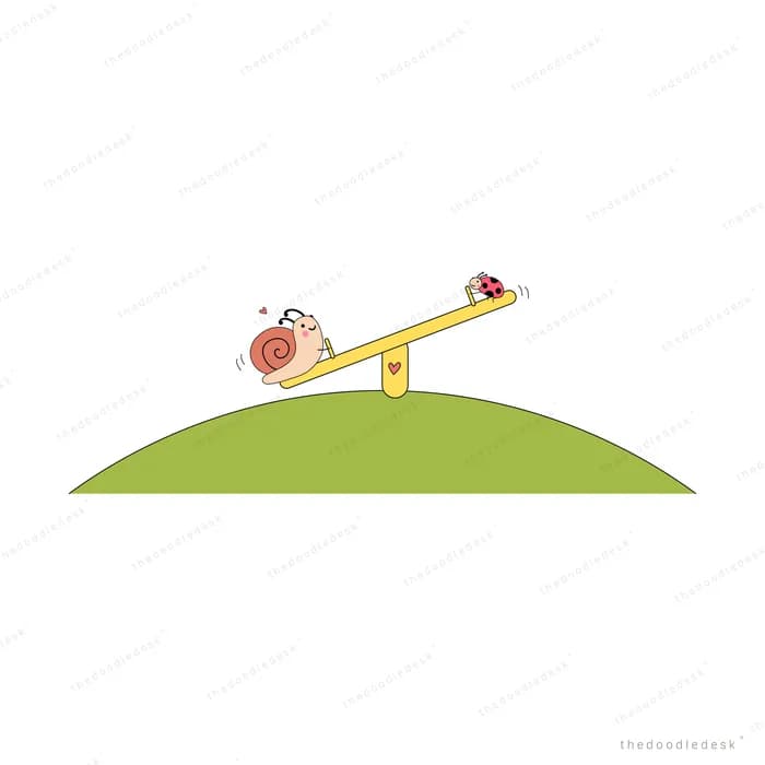 Two snails balancing on a seesaw on a green hill