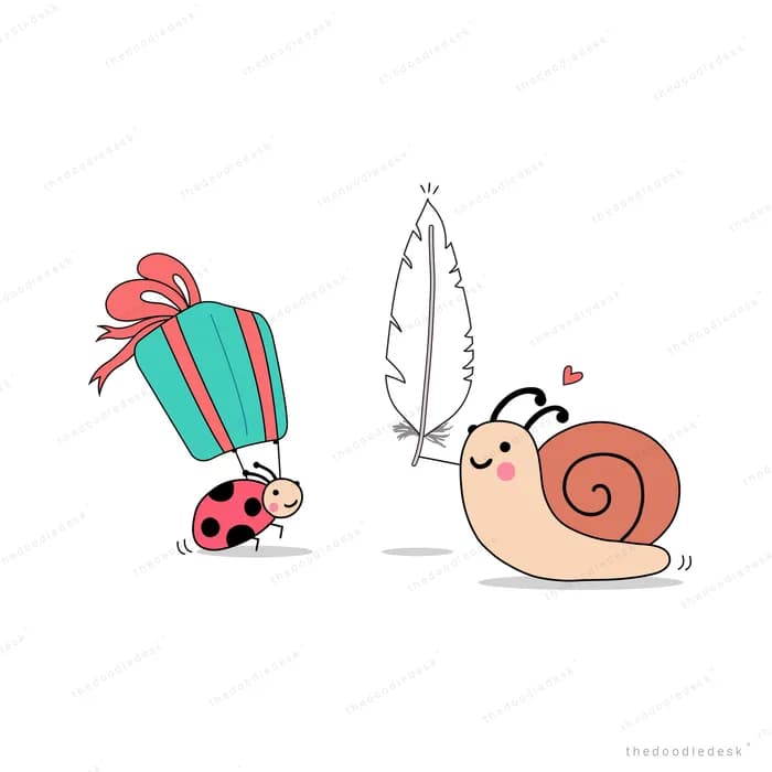 Snail carrying a gift with a feather and ladybug