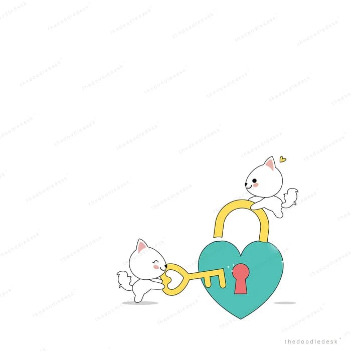 Cat beside a heart-shaped padlock and key