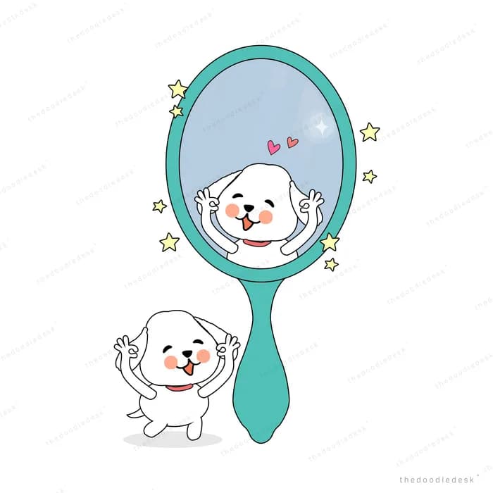 Dog looking at its reflection in a hand mirror