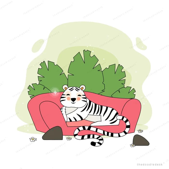Tiger lounging on a red sofa in front of foliage